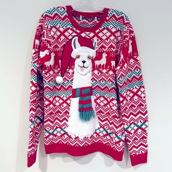 Llama Ugly Christmas Sweater Embroidered Scarf Santa Hat Women's Large Red White - Picture 1 of 3